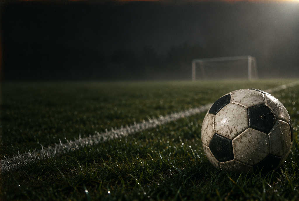 A worn football on dewy grass at night, with a goal in the background