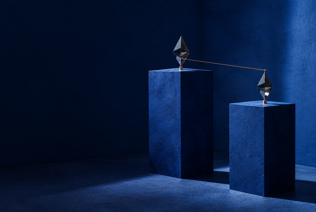 Two Ethereum sculptures on blue plinths of different heights, linked by a copper wire